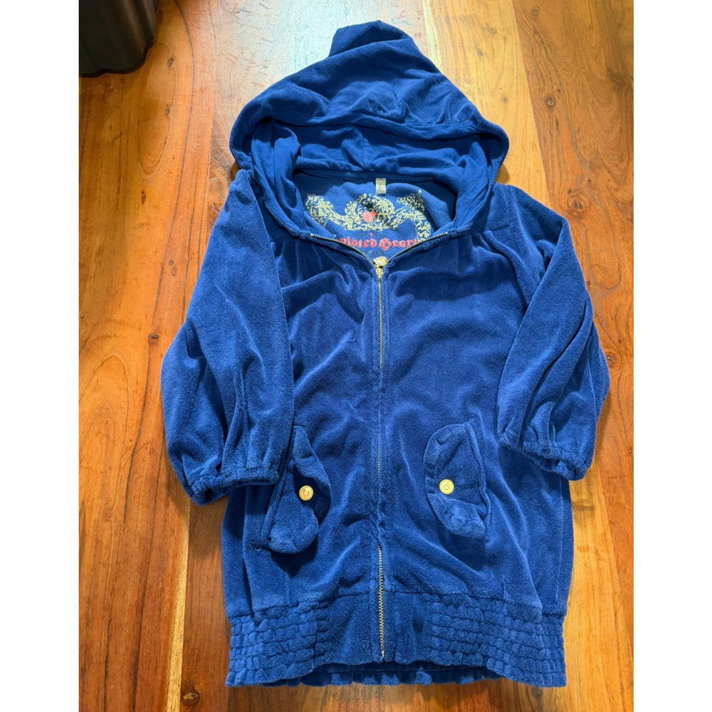 Twisted Heart Navy Velour Zip Jacket Hoodie Women's Medium Gold Heart Charm